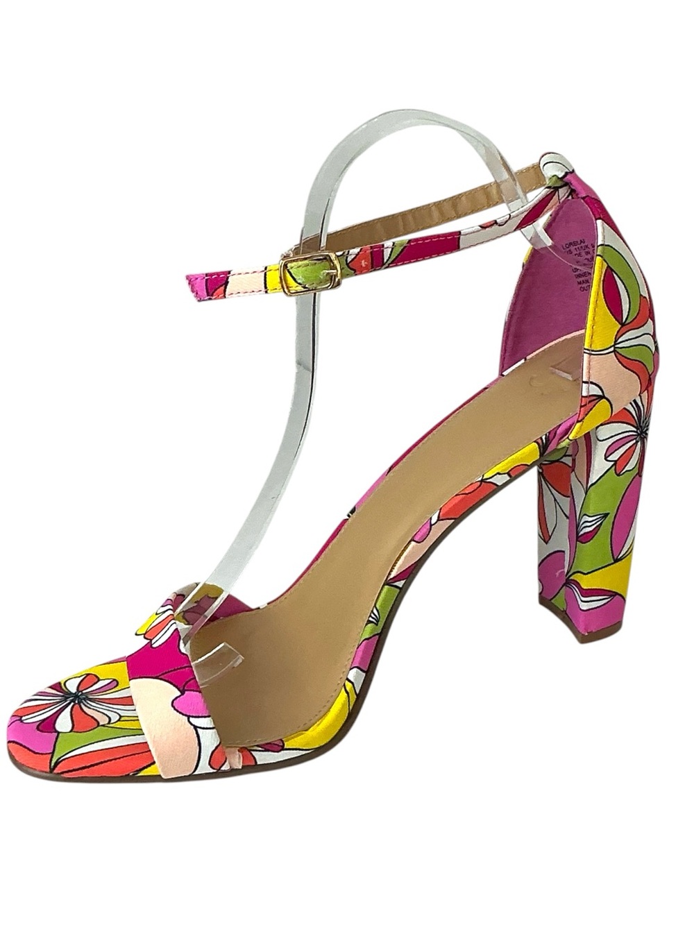 JustFab Sandal Block Heel Bold Floral Lorelai 4” High Heel Pink Green Size 11 - Picture 2 of 16